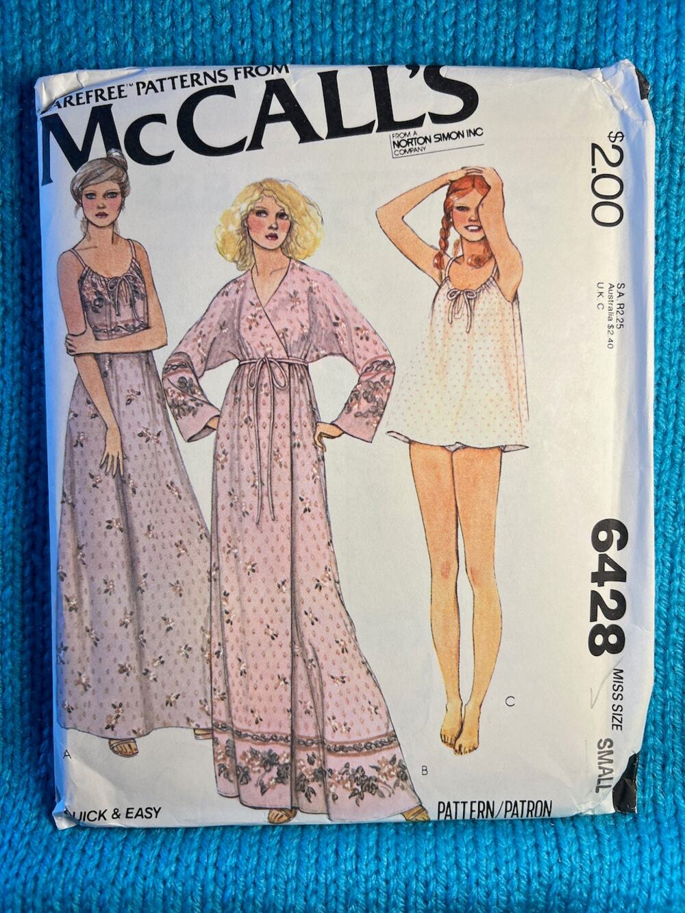 McCalls sewing pattern 6428 nightgown pajamas panties babydoll 1970s size small